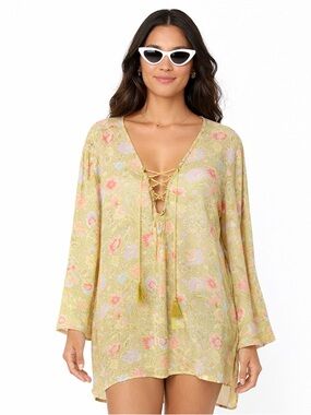 Billabong Floral Swim Cover Up M Green Boho Lace Up Long Sleeve Beach Tunic